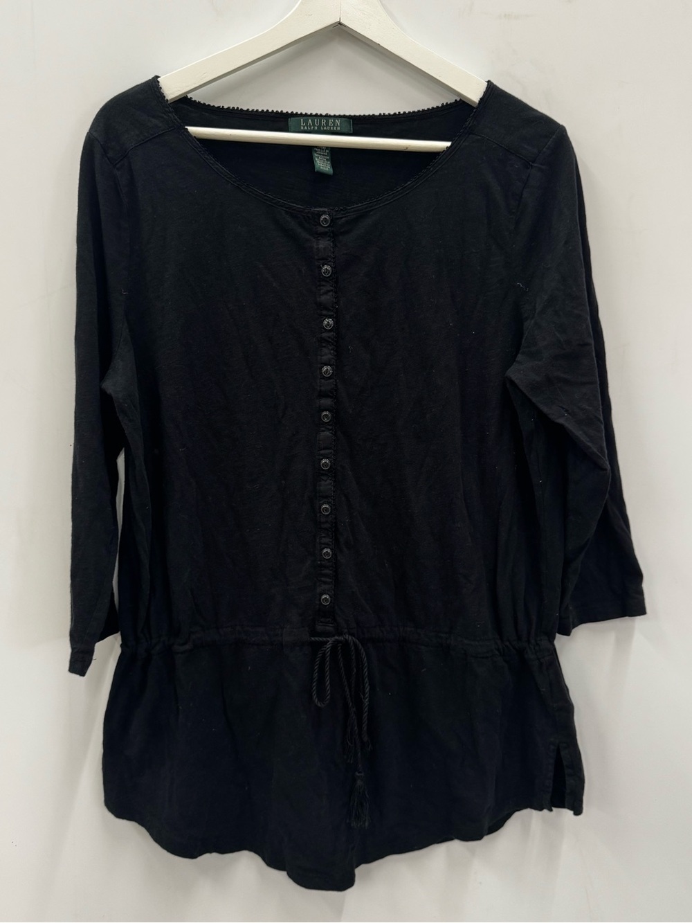 Ralph Lauren Black Button-Front Drawstring Tunic Top Size Large